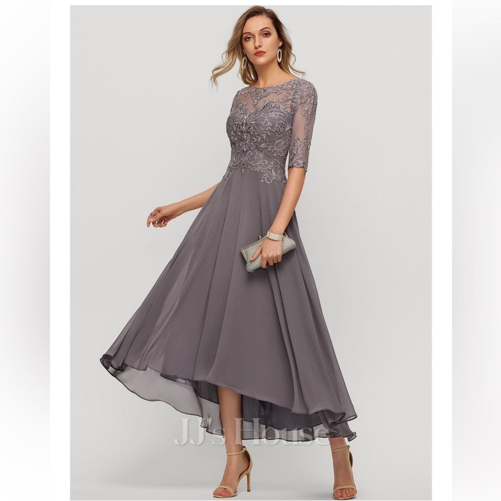 NWT JJ's House Gray Lace Top Chiffon High Low Hem Formal Dress Short Sleeve 4